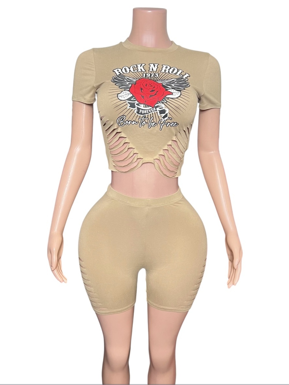 Beige Cutout Rock 'N' Roll Two-Piece Set with Red Rose Graphic